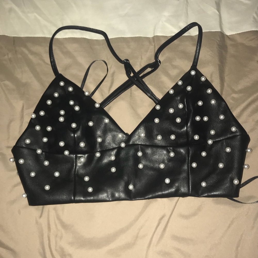 Leather pearled crop top